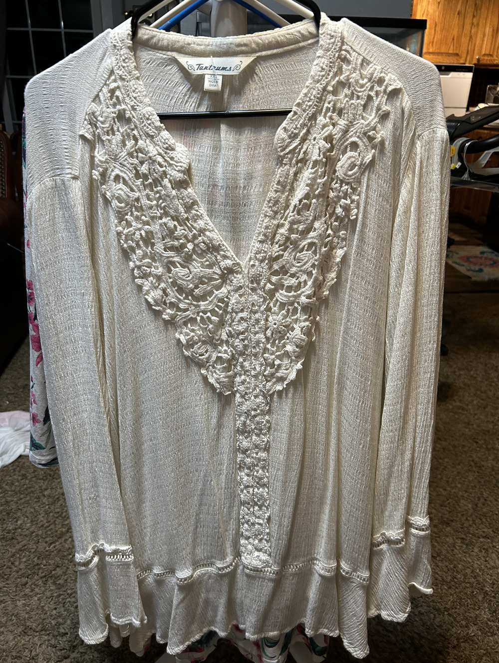 Tantrums Women's XXL Cream Crochet Accent Lightweight Top